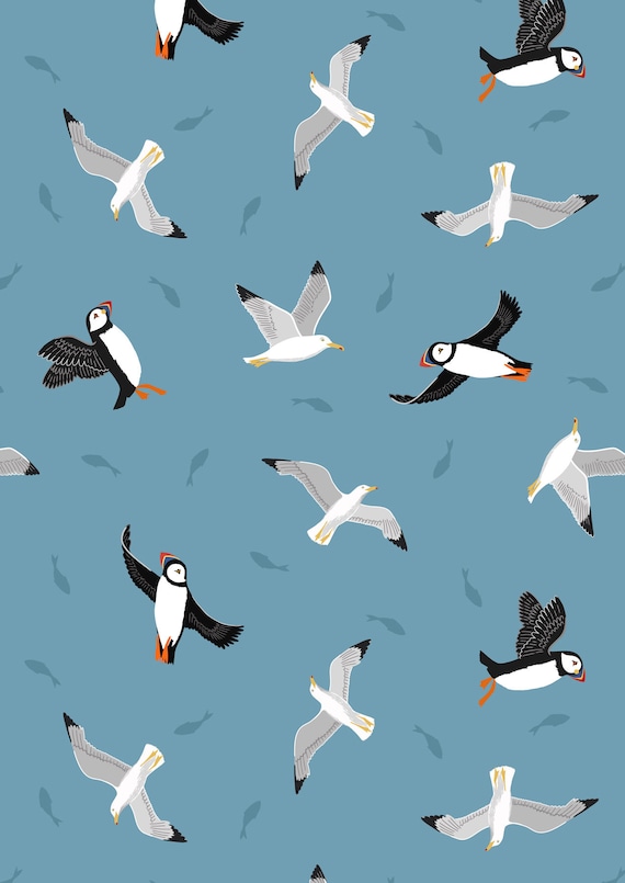 Lewis & Irene, Small Things Coastal- Puffins and Gulls, on  light blue, Quilting Cotton, sold by the 1/2 yard or the yard