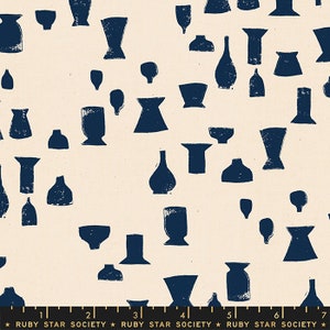 May include: A seamless pattern featuring a variety of blue pottery silhouettes on a cream background. The pattern includes vases, bowls, and cups in various shapes and sizes.