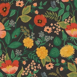 Camont - Poppy Fields - Black Unbleached Canvas Fabric-RP702-BK3UC- Rifle Paper Co- Cotton and Steel- Sold by the 1/2 yard or the yard