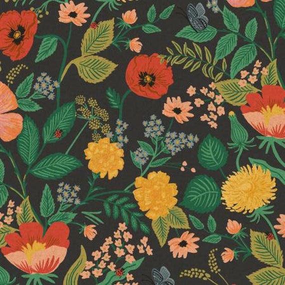 Camont - Poppy Fields - Black Unbleached Canvas Fabric-RP702-BK3UC- Rifle Paper Co- Cotton and Steel- Sold by the 1/2 yard or the yard