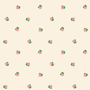 May include: A seamless pattern featuring pink peaches with green leaves on a light beige background.