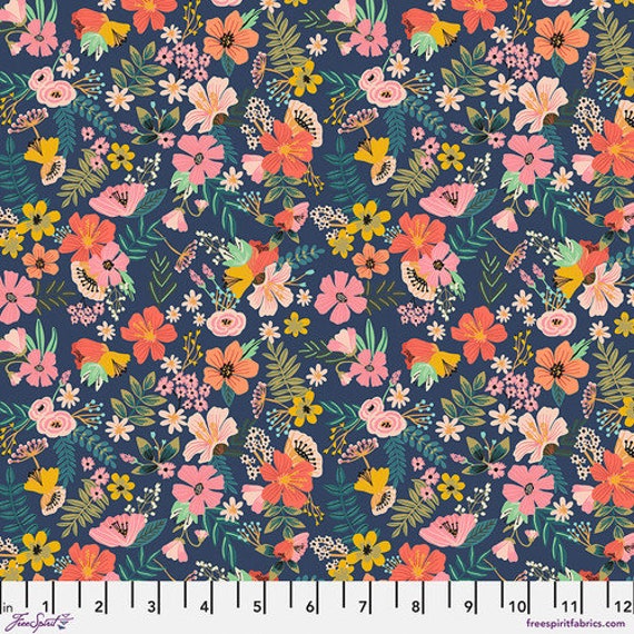 Floral Pets, Gardenara Night - in Blue, PWMC046.XBLUE, By Mia Charro, for FreeSpirit Fabrics, sold by the 1/2 yard or the yard