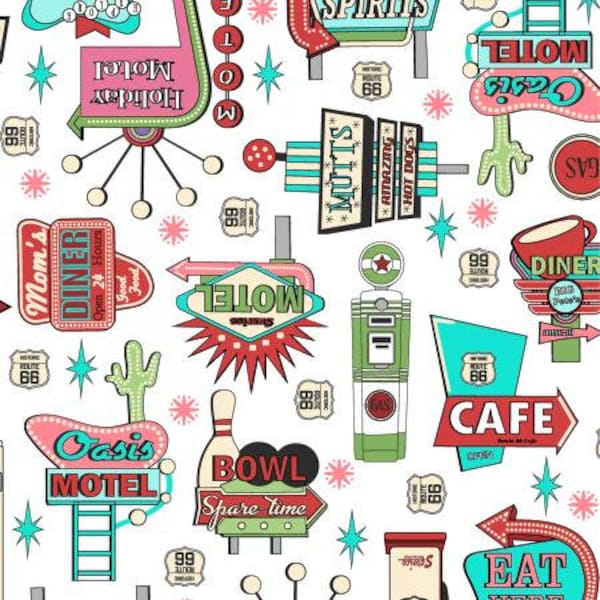 3620-002 Retro Road Trip - Signs - White Fabric-RJR/Cotton and Steel-Sold by the half-yard or the yard,cut continuous