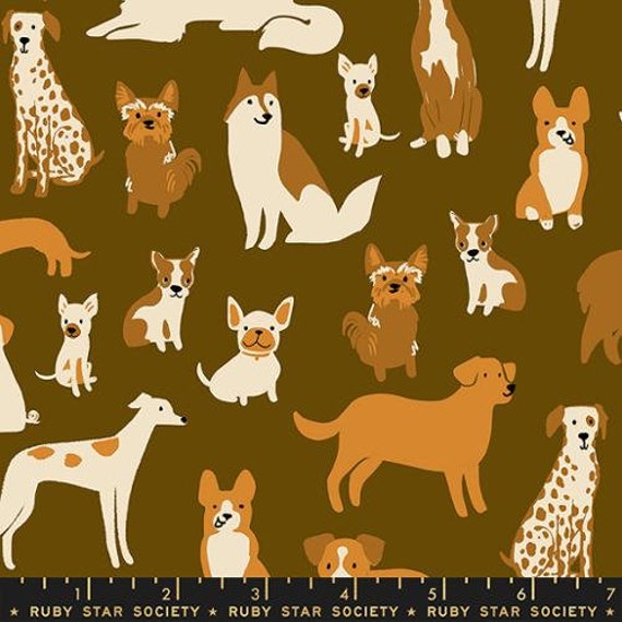 Dog Park, Dog Medley, Novelty Pets Dogs, in Cocoa, RS2094 15, by Sarah Watts, Ruby Star, sold by the 1/2 yard or the yard