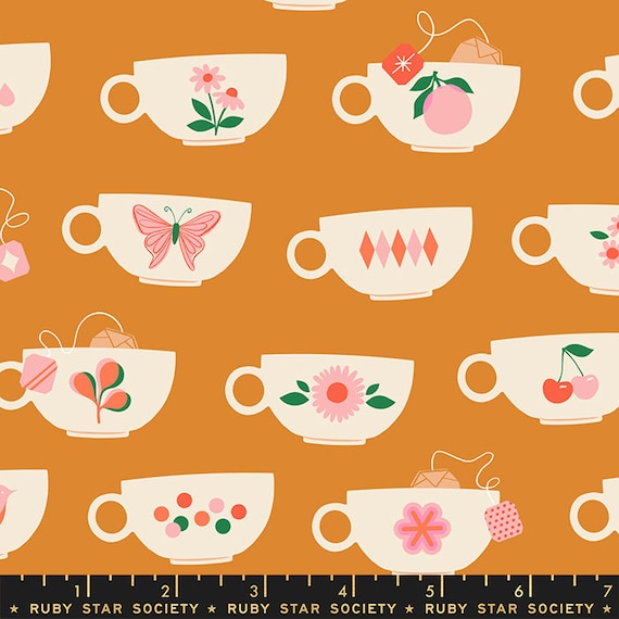 Camellia Tea Cups Caramel, RS0029 13 Ruby Star, Ruby Star Society, By Melody Miller, Moda, Sold by the 1/2 yard or the yard