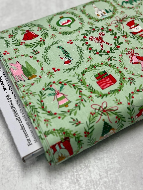 Mistletoe & Holly, Wreaths, in Sage, by Beverly McCullough for Riley Blake Designs, sold be the yard