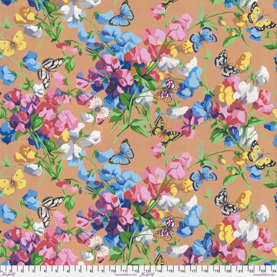 SweetPea & Butterflies, Multi, Cottage Garden, by Snow Leopard Designs, Kaffe Fassett,  FreeSpirit Fabrics, sold by the 1/2 yard or the yard