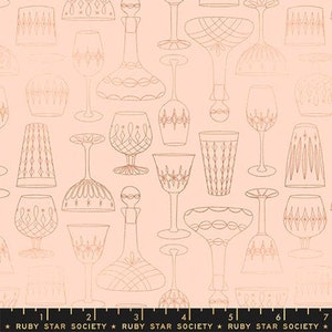 May include: A seamless pattern featuring a variety of glasses and decanters in a delicate rose gold color on a light pink background. The pattern is perfect for fabric, wallpaper, or wrapping paper.