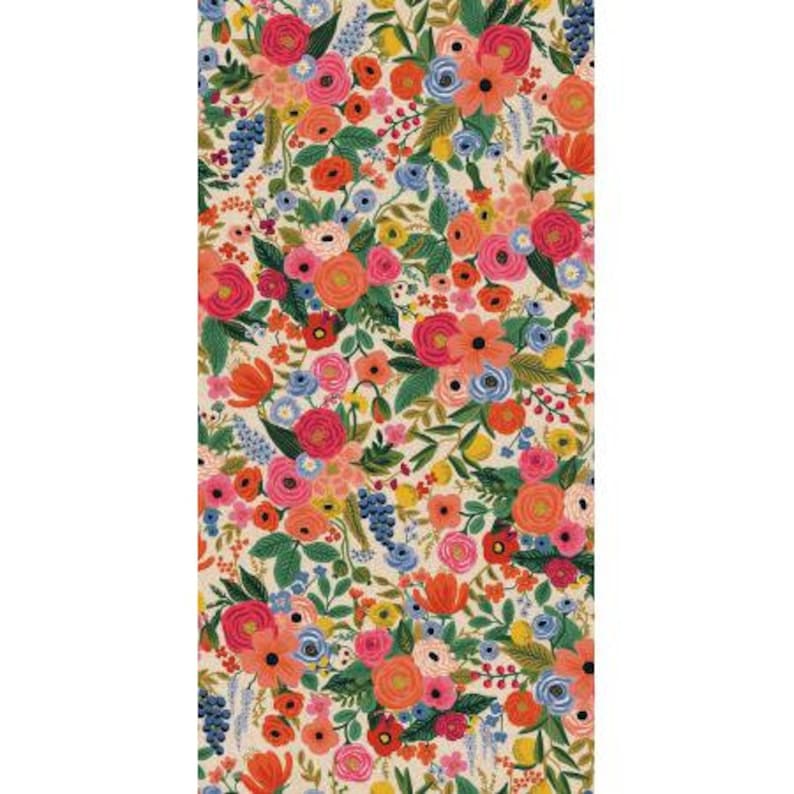 May include: A colorful floral pattern with pink, red, orange, yellow, blue, and green flowers on a cream background. The pattern is perfect for fabric, wallpaper, or wrapping paper.