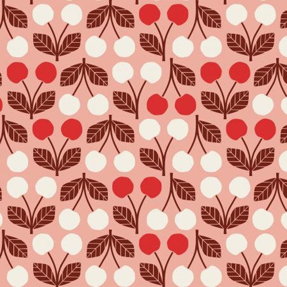 Under the Apple Tree, Cherry, Cherry Red Unbleached Cotton Fabric,LV500-CR1, Cotton and Steel, RJR, Sold by the 1/2 yard or the yard
