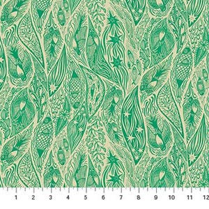 May include: A fabric with a repeating pattern of green botanical illustrations on a beige background. The design includes stylized leaves, acorns, and star-like shapes. The pattern is measured in inches along the bottom edge.