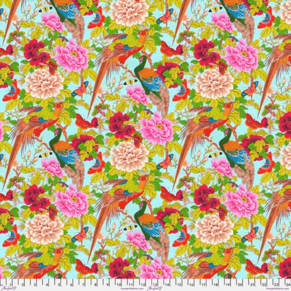 Temple Garden, Pheasants and Butterflies, in Multi colors, By Snow Leopard Designs, For FreeSpirit Fabrics, sold by the 1/2 yard or the yard