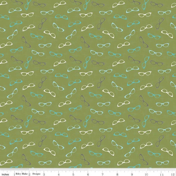 Stardust Glam Glasses C10504 Olive - Riley Blake Designs - Eyeglasses Green - Quilting Cotton Fabric, sold by the 1/2 yard or the yard