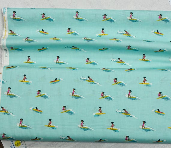 Light blue Surf Girls, Malibu by Heather Ross for Windham Fabrics, sold by the 1/2 yard or the yard cut continuous from bolt