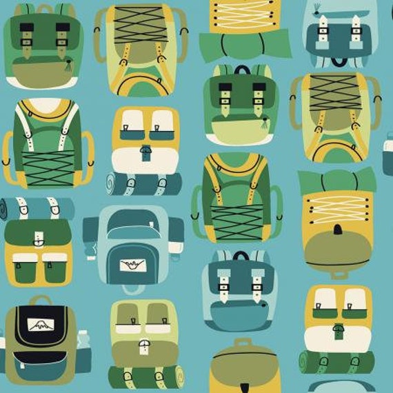 RJ1601-SK3 Camping Crew - Backpacks - Sky Fabric, By RJR/ Cotton and Steel, sold by the 1/2 yard