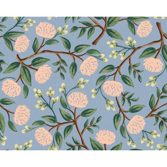 RP102-DU3 Wildwood - Peonies - Dusty Blue Fabric- Rifle Paper Co- Cotton and Steel/RJR- sold by the 1/2 yard or the yard