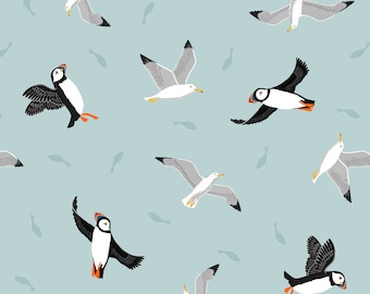 Lewis & Irene, Small Things Coastal- Puffins and Gulls, on Sea Green, Quilting Cotton, sold by the 1/2 yard or the yard