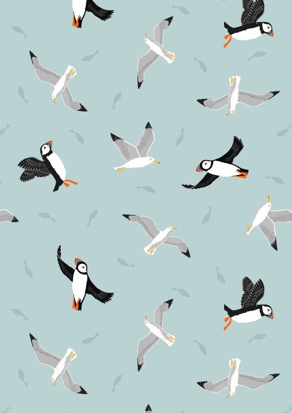 Lewis & Irene, Small Things Coastal- Puffins and Gulls, on Sea Green, Quilting Cotton, sold by the 1/2 yard or the yard