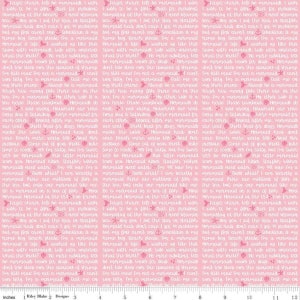 May include: Pink fabric with a white repeating pattern of mermaid-themed text and illustrations. The text includes phrases like "Forget chores, let's be mermaid" and "Mermaid is life".