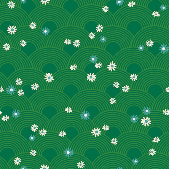 Rise And Shine, Meadow Florals Geometric, in Evergreen, RS0081 14, By Melody Miller, Ruby Star, sold by the 1/2 yard or the yard