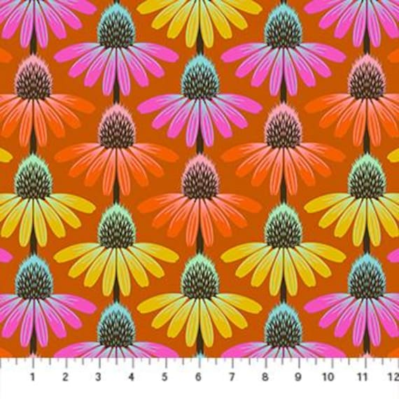 Perennial Borders, Echinacea Rhythm, in Fire, AMT136-79V, Northcott Fabrics, Anna Maria Textiles, sold by the yard