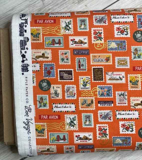 Bon Voyage, Postage Stamps, Red Metallic Fabric, RP802-RE1M, By Rifle Paper Co, For Cotton + Steel, Sold by the 1/2 yard or the yard