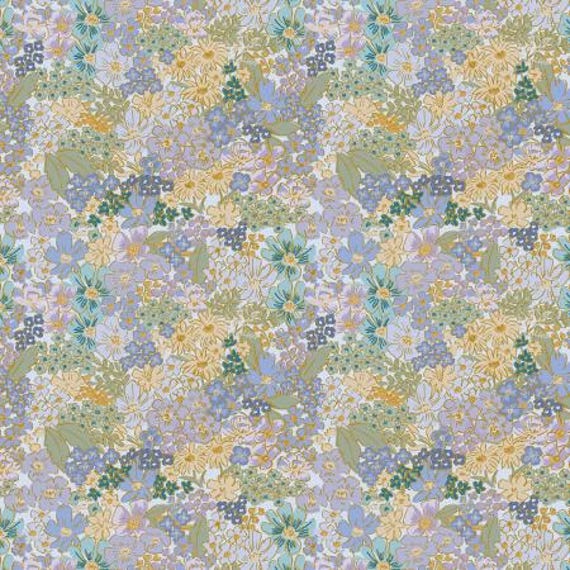 English Rose, Mimi, Blue Metallic Fabric, RP1403-BL3M, By Rifle Paper Co, Cotton and Steel, sold by the 1/2 yard or the yard