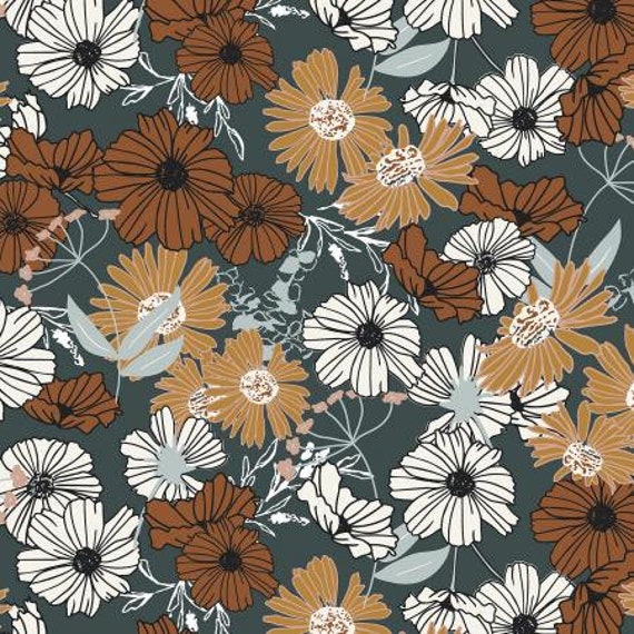 Wallflower, Flower Child, Hunter Green Fabric, HJ300-HG1, Cotton and Steel, Sold by the 1/2 yard or the yard