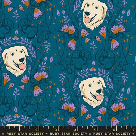Dog Park, Golden Garden, Novelty Floral Pets, Dogs Retro, in Teal, by Sarah Watts RS2093 12, Ruby Star, sold by the 1/2 yard or the yard