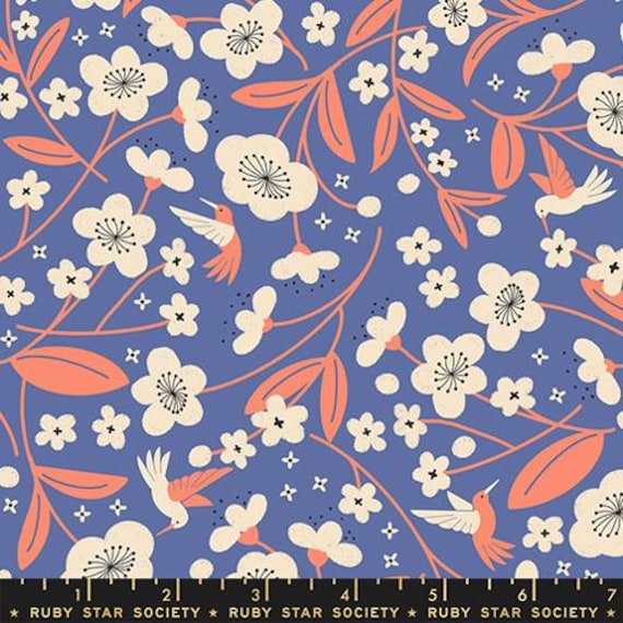 Persimmon, Persimmon Blossoms Florals Hummingbird, in Twilight, By Rashida Coleman Hale, RS1121 14,  Ruby Star Society, sold by the yard