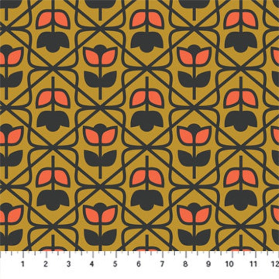 Retro Flowers in Day, Pickle Juice, by Dana Willard, for Figo Fabrics, sold by the 1/2 yard or the yard
