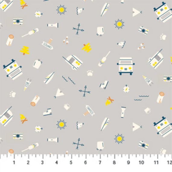 Around the Campfire, Camping Gear, Gray, by Lemonni, for Figo Fabrics, sold by the 1/2 yard or the yard