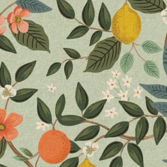 Bramble, Citrus Grove,  Mint Unbleached Canvas Fabric, By Rifle Paper Co, Cotton + Steel, RJR, RP900-MI4UC, sold by the 1/2 yard or the yard