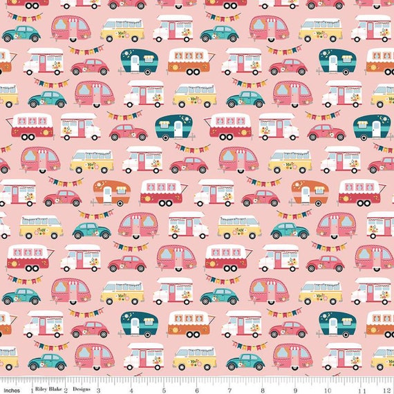 Gone Glamping, Campers, in Pink, By Lori Whitlock, C14792-Pink, Riley Blake Designs, sold by the 1/2 yard or the yard
