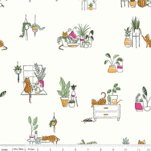 May include: Off-white fabric with a repeating pattern of potted plants and cats. The illustrations feature various green plants in orange, pink, and white pots, with cats in a spotted pattern. The design includes hanging plants and a dresser.