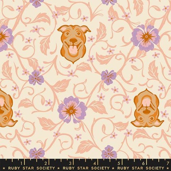 Dog Park, Pitbull Novelty, Floral Pets Dogs Retro, in Shell, RS2095 11, by Sarah Watts, Ruby Star, sold by the 1/2 yard or the yard
