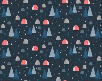 Può includere: Un motivo ripetuto di coccinelle rosse e bianche, foglie verdi, pini blu e pietre grigie su uno sfondo blu scuro.