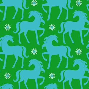 May include: A seamless pattern featuring blue horses and white daisies on a green background. The horses are stylized and have a whimsical feel.