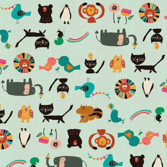 NM101-AQ2U Kawaii Nakama - Animal Parade - Aqua Unbleached Fabric- Cotton and Steel- RJR-  Sold by the half-yard cut continuous