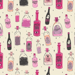 May include: A seamless pattern featuring various potion bottles with whimsical labels. The bottles are filled with colorful liquids and have labels with spooky names like "Vampire Blood", "Graveyard Dirt", and "Howl Werewolf". The background is a light cream color with stars.