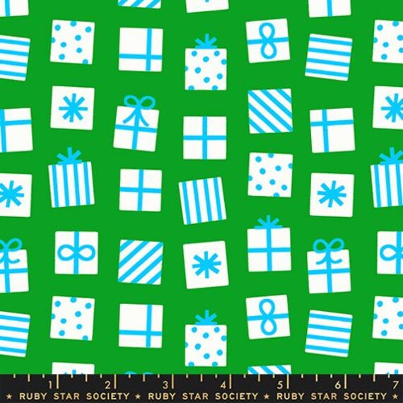 Merry Happy, Presents,  in Verdant, By Kimberly Kight, RS3100 18, Ruby Star, sold by the yard