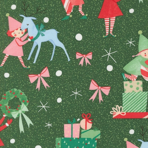 Tiny Christmas, Elves Novelty, Christmas Presents & Candy Cane, in Pine, 37131 19, by Lizzy House, for Moda, sold by the yard