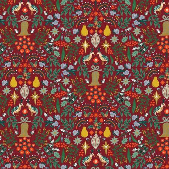 Holiday Classics - Partridge, Berry Metallic Fabric, RP600-BE1M, By Rifle Paper Co, for Cotton and Steel, sold by the 1/2 yard or the yard