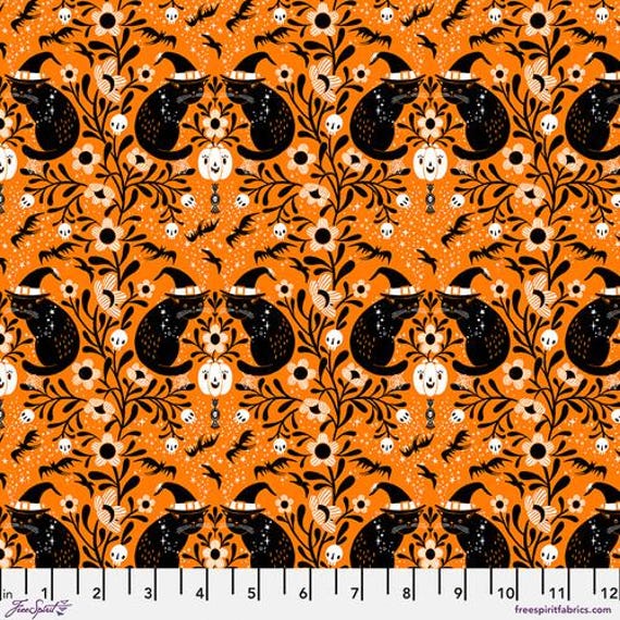 Witchy Ways, Witchy Kitty, in Pumpkin, By Cori Dantini, FreeSpirit Fabrics, sold by the yard