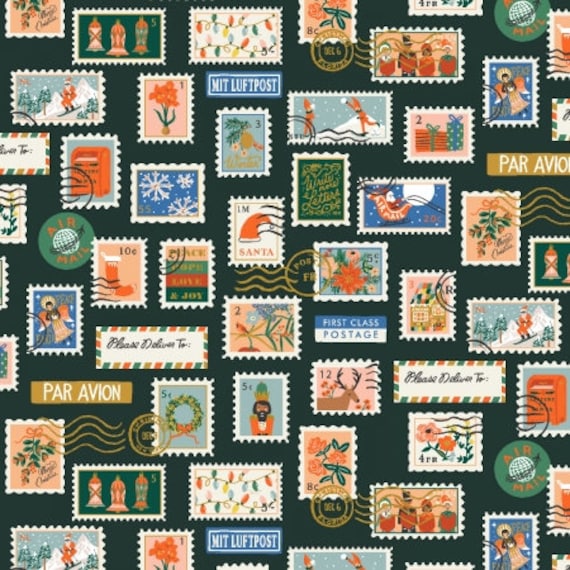 Holiday Classics, Holiday stamps, RP613-EV2M Evergreen Metallic Fabric, Rifle Paper Co,  Cotton+Steel, sold by the 1/2 yard or the yard