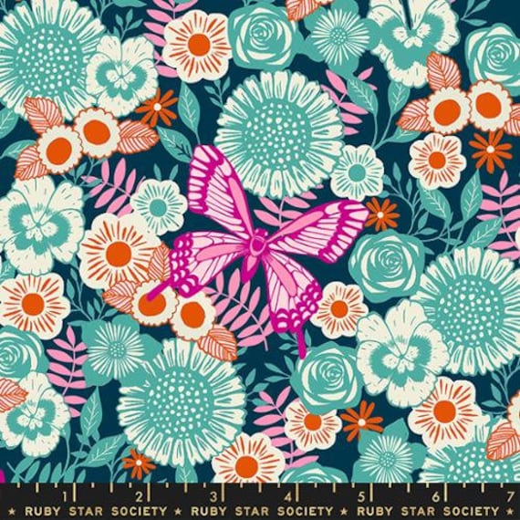 Backyard, Butterfly Garden, in Teal, RS2085 15 , by  Sarah Watts, for Ruby Star/Moda, sold by the 1/2 yard or the yard