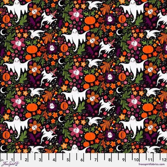 Ghostly Greetings, Spooktacular - Black, By Cori Dantini, FreeSpirit, sold by the 1/2 yard or the yard