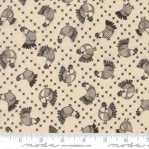 May include: Cream-colored fabric with a repeating pattern of black chickens and small black crosses. The chickens are stylized with detailed outlines and varying poses. The fabric is measured in inches along the bottom edge.