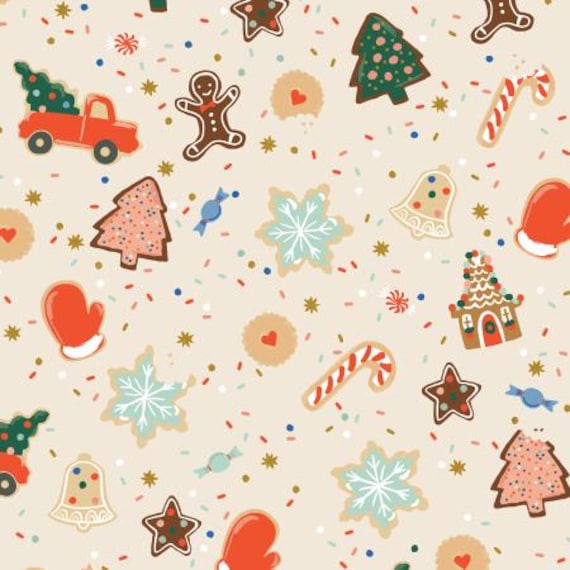 Holiday Classics III, RP617-CR2M,  Christmas Cookies, Cream Metallic Fabric, Rifle Paper Co,Cotton + Steel, Sold by the 1/2 yard or the yard