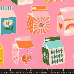 May include: A pink background with a repeating pattern of colorful milk cartons. Each carton has a different design, including polka dots, stripes, flowers, and a rainbow. The text "RUBY STAR SOCIETY" is printed on a ruler at the bottom of the image.